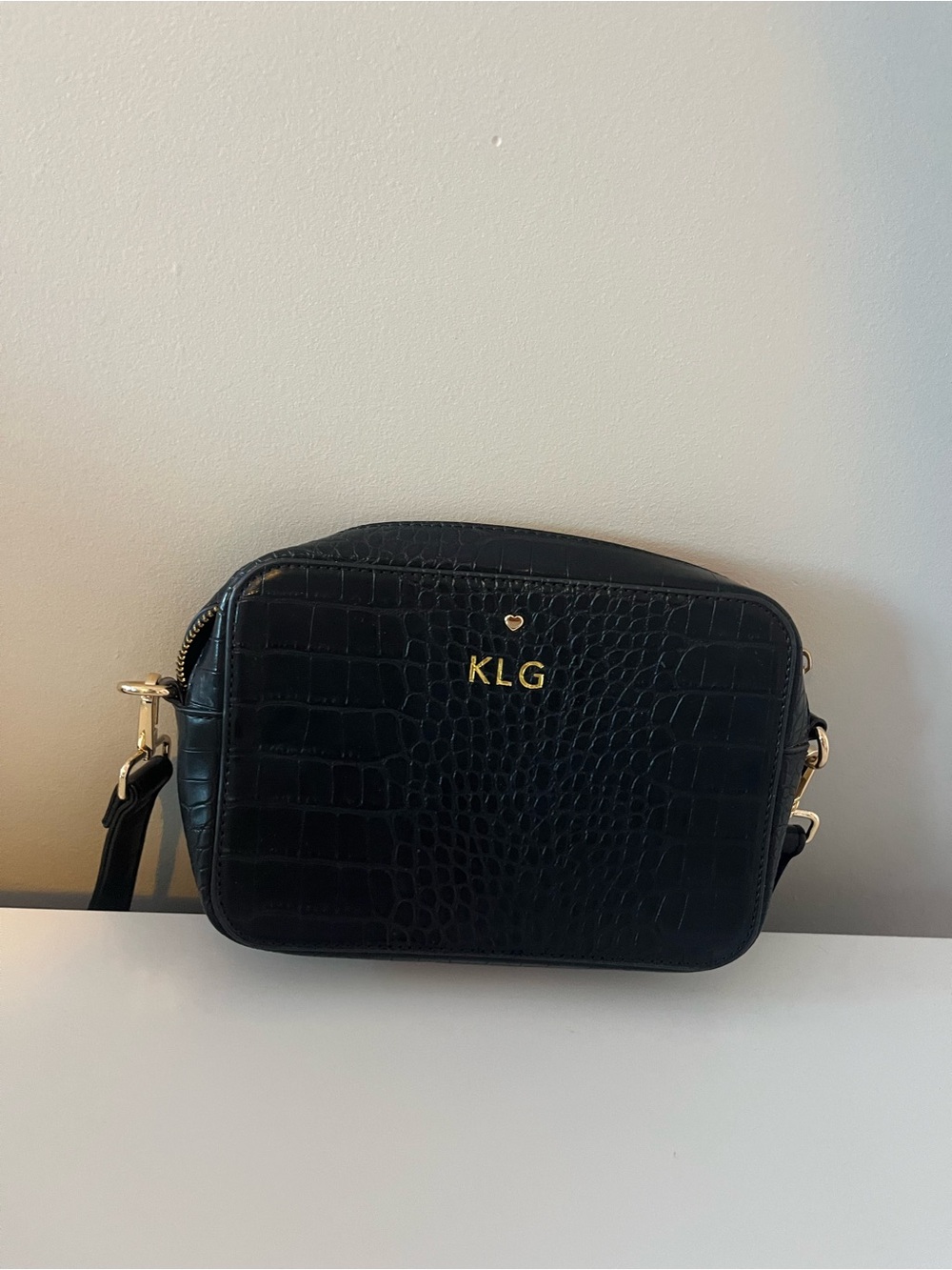 LG Black Croc-Embossed Crossbody with Gold Accents